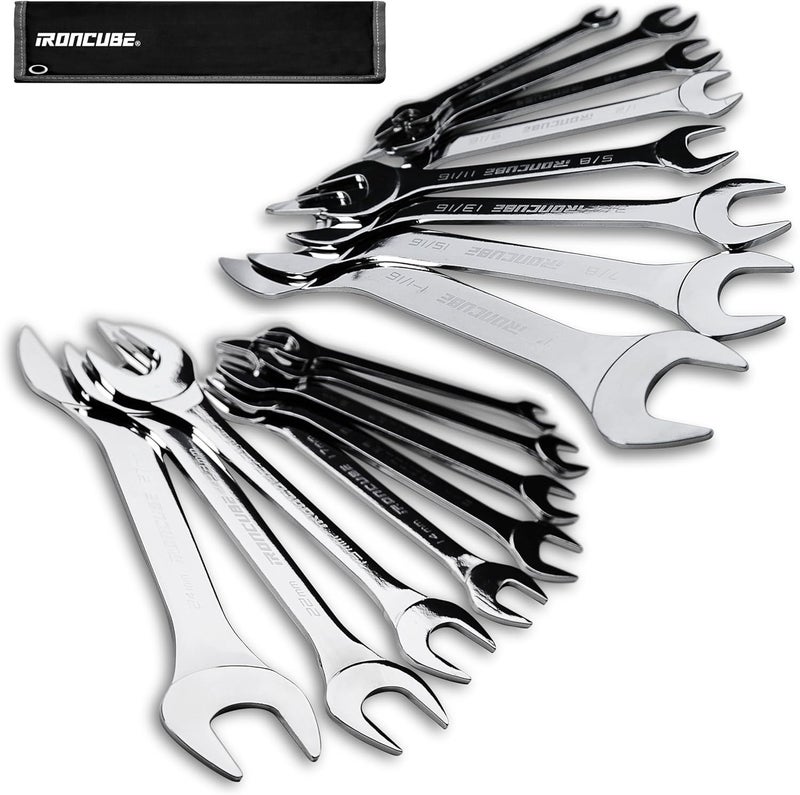 ironcube 16-Piece Super-Thin Double Open End Wrench Set: 3mm Extra-Slim Profile for Tight Spaces – Complete SAE & Metric Sizes – Full Range Tool Kit for Car Repair, Garage & Home - Image 1